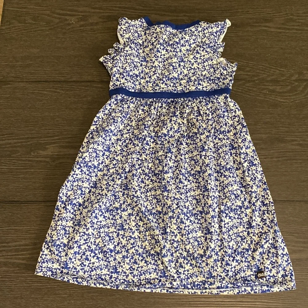 Tea a-line dress. Size 8. Blue Cyprus Flutter Sleeve Floral Crossover Design.
